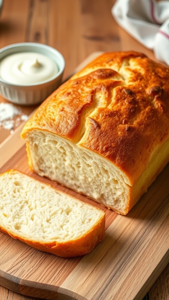 Sliced yogurt bread on a cutting board with a bowl of yogurt in the background.